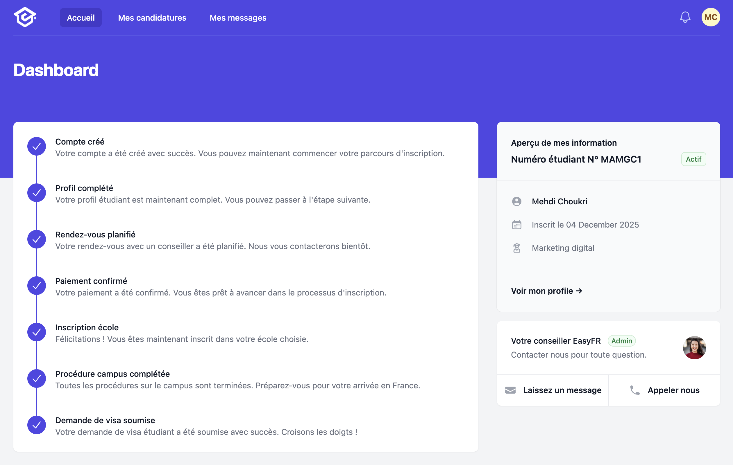 Interface de la plateforme EasyFR — tableau de bord étudiant
